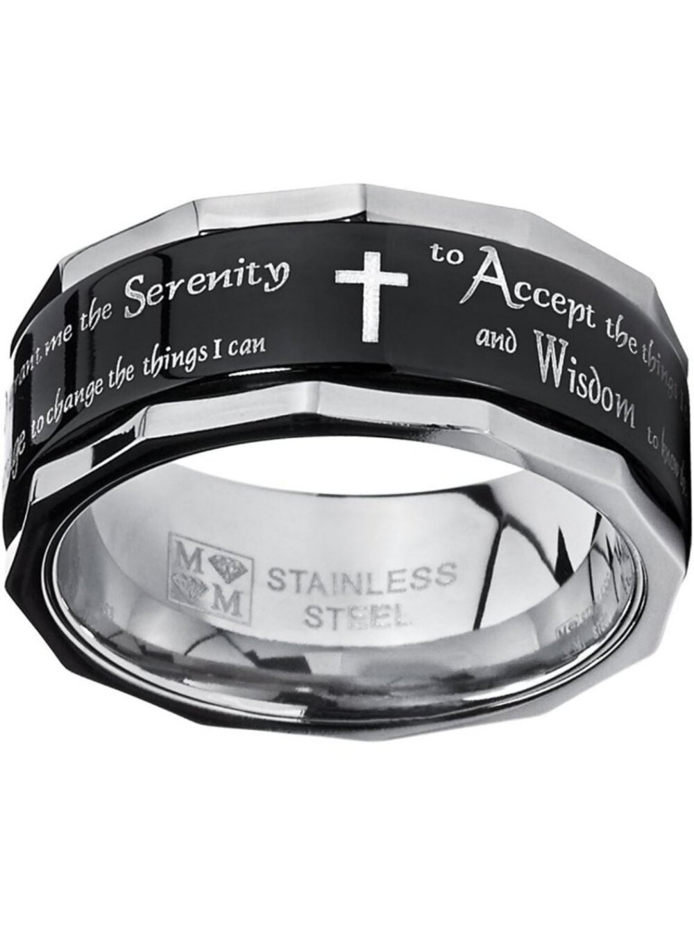 Unisex Black Stainless Steel Serenity Prayer Spinner Ring - 9MM Religious Cross